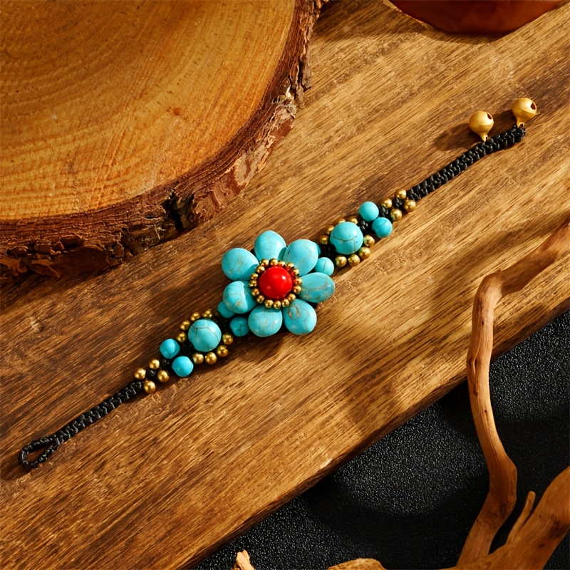 Adjustable Turquoise Flower Bracelet Vintage Inspired with Stone Beads